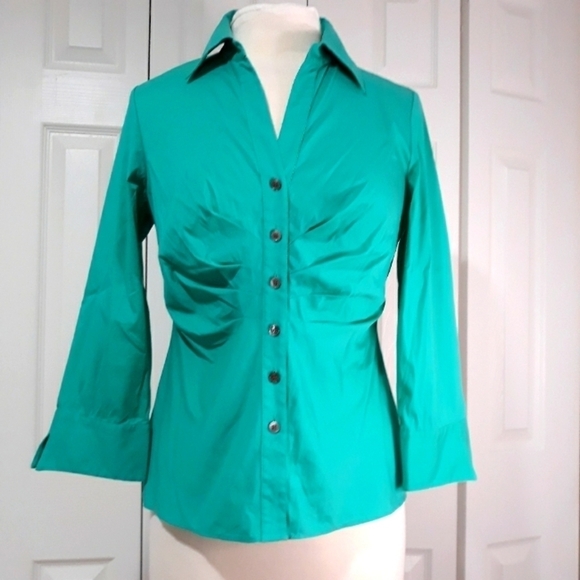 Lafayette 148 New York Cotto Shirt Button Down 3/4 Sleeve Turquoise Top … - Picture 1 of 12